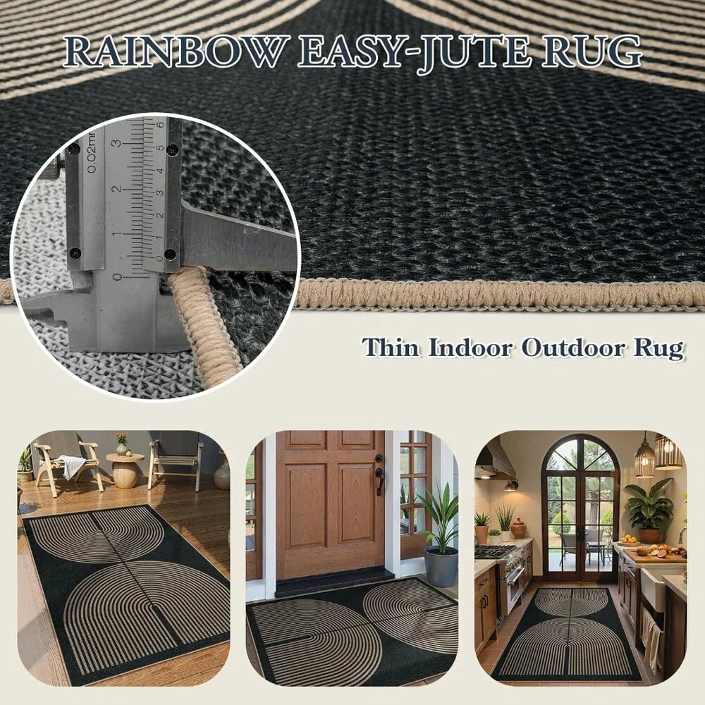 New Modern Rainbow Easy Jute Outdoor Patio Rug, 3x5 Black Washable Rugs
